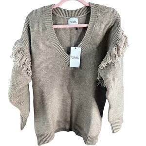 Stitches + Stripes Fringe Sleeve Chunky Knit Sweater v-neck Taupe Size L NWT